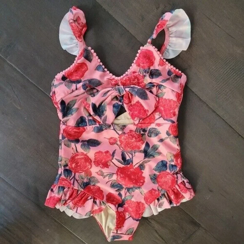 NWT JOYFOLIE Mia Joy Girls Marina one piece pink red floral swimsuit 3T